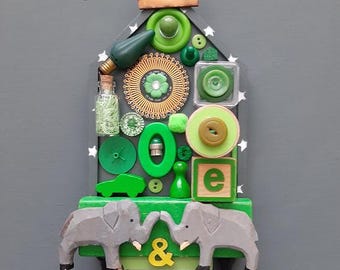 Green & Gray House Assemblage Art: Found Object Mixed Media Wall Decor