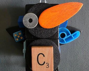 Blue Crow Bot - Ornament - Bird Ornament - Mixed Media - Hanging Decor - Jen Hardwick