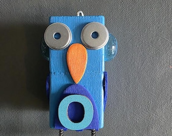 Blue Owl - Ornament - Robot Ornament - Mixed Media - Found Objects Decor  - Jen Hardwick