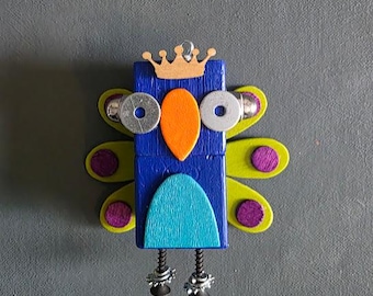 Peacock Bot - Ornament - Robot Ornament - Mixed Media - Hanging Decor - Jen Hardwick