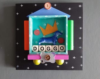 Number One Doggo Art Assemblage – Mixed Media Wall Decor