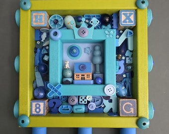 Blue Dog Art Assemblage: Found Object Mixed Media Wall Art