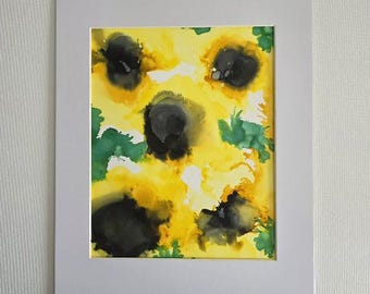 Original Alcohol Ink Sunflower Painting - Matted Wall Art - Jen Hardwick