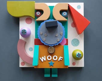 Woof Dog Art Assemblage - Mixed Media Found Object Wall Decor