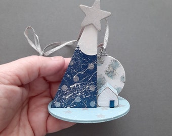 Blue Tree Ornament: Mixed Media Hanging Decor - Jen Hardwick