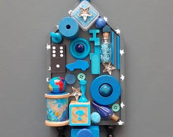 Blue House Assemblage Art: Found Object Mixed Media Wall Decor