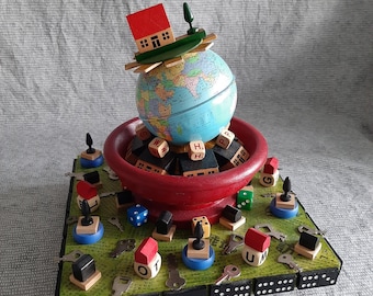 Red Roof House Art Assemblage: Mixed Media Turntable Sculpture