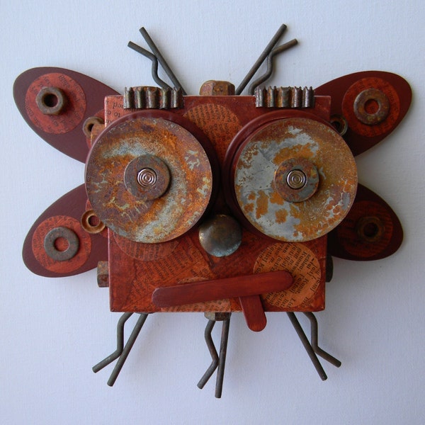 Recycled Art Collage  -  "The Pacific Northwest Rust bug"  -  Original Mixed Media