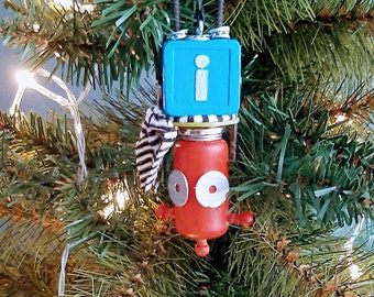 Upside Down Bot -  Robot Ornament - Upcycled Ornament - Hanging Decor