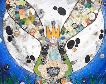 Moonlit Hare Mixed Media Painting: Acrylic & Paper Collage Wall Art