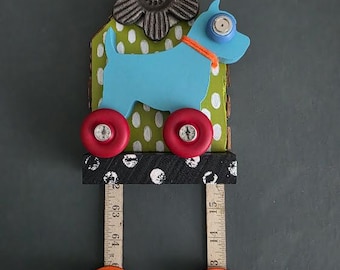 Dog Art Assemblage: Runaway Blue - Found Object Mixed Media Wall Art