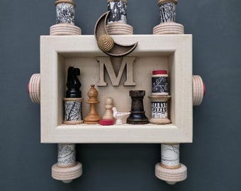 Miscellaneous - Found Object Art Assemblage – Chess Pieces, Moon Wall Decor