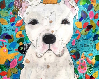 Pitbull Mixed Media Painting: Colorful Bird Dog Art on Wood