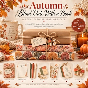 May include: A stack of three wrapped books tied with twine, featuring a tag labeled Blind Date, a mug with text, and various accessories including pens, page flags, a bookmark, genre tags, and a charm cluster, all decorated with autumn motifs.