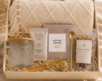 Hug in a Box | Stress Relief Care Package for Her | Cozy Self Care Gift Box with Blanket, Hygge Gift Set, Thinking of You Gift