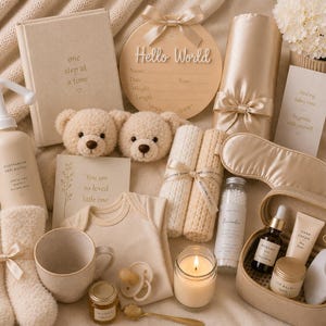 May include: A collection of beige baby items, including a teddy bear, a baby outfit, a mug, a candle, and a sign that says "Hello World." Other items include a postpartum peri bottle, a sleep mask, and a small jar of honey.