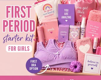 First Period Starter Kit for Girls | Puberty Gift Box, Tween Care Package, Starter Kit with Bra Option