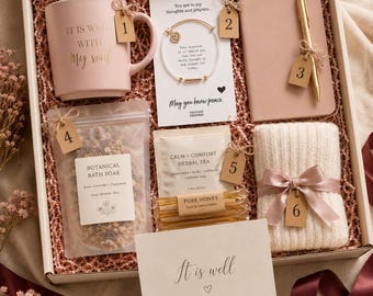 Faith Care Package | It Is Well With My Soul Gift Box for Women: Mug, Journal, Bracelet | Encouragement Gift Box for Her