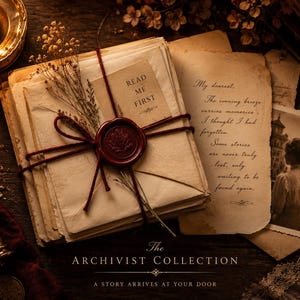 May include: A stack of aged, cream-colored paper tied with dark red twine and secured by a wax seal. A small tag reads READ ME FIRST. Beside the stack lies a handwritten letter and a vintage sepia photograph of a person, with text reading THE ARCHIVIST COLLECTION A STORY ARRIVES AT YOUR DOOR.