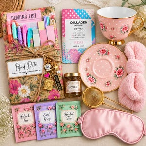 May include: A gift set featuring a floral-wrapped book with a reading list, pens, and charms, a Kiso collagen face mask, a pink floral teacup and saucer, a jar of honey, a gold tea infuser, a pink plush headband, and a satin sleep mask.