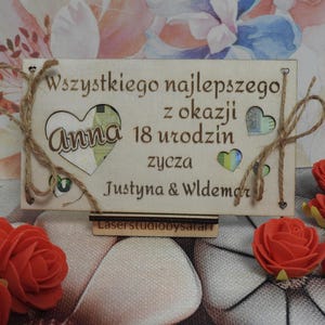 Personalized 18th birthday plaque with engraving • Money gift • 2 mm birch plywood • With name, heart and wishes