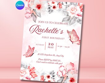 Fairy First Birthday Invitation, Garden Party invite Canva Template(Digital Download)