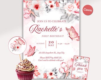 Fairy First Birthday Invitation, Garden Party invite Canva Template (Instant Download)