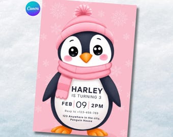 Editable Penguin Birthday Invite | Animal Party template | Kids Winter invitation | Printable Instant Download