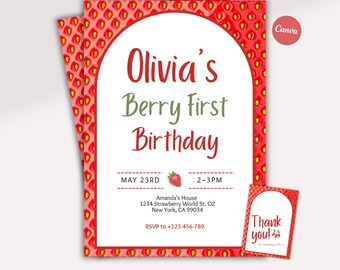 Berry First Birthday Invitation Canva Template Editable Digital Invite Instant Download Strawberry Party
