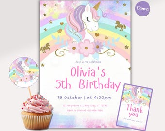 Unicorn Birthday Invitation Template, Editable Canva Party Invite for Girls, Kids Digital Download