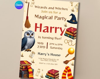 Wizard Birthday Invitation Magical Party Invite Editable Canva Template Magic School Wizards Witches Party