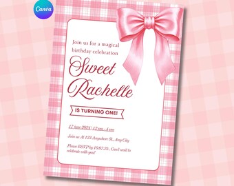 Pink Coquette Bow Girl Birthday Invitation | Editable Canva Template