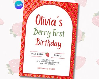 Berry First Birthday Invitation Canva Template Editable Digital Invite Instant Download Strawberry Party