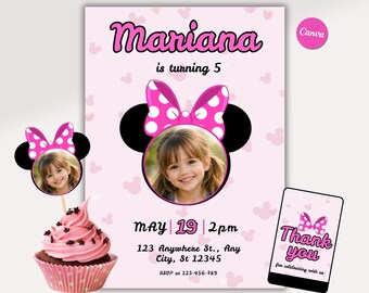 Pink Mouse Birthday Invitation | Girls Party, Editable Canva Template (Instant Download)
