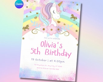 Unicorn Birthday Invitation Template, Editable Canva Party Invite for Girls, Kids Digital Download
