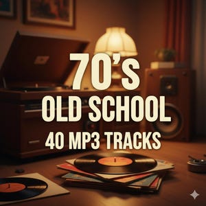 May include: A vintage-themed image featuring a record player, speakers, and vinyl records. The text "70's OLD SCHOOL 40 MP3 TRACKS" is prominently displayed. The scene evokes nostalgia for classic music.