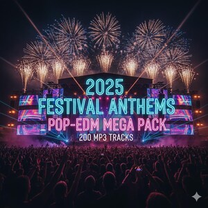 Könnte beinhalten: Ein farbenfrohes Bild einer Musikfestivalbühne mit dem Text "2025 FESTIVAL ANTHEMS POP-EDM MEGA PACK" in Neonblau und Pink. Feuerwerk explodiert am Himmel über einer Menschenmenge.