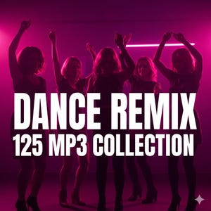 Può includere: Immagine con sfondo magenta e testo bianco "DANCE REMIX 125 MP3 COLLECTION". Silhouette di persone che ballano con le braccia alzate sullo sfondo. L'immagine suggerisce musica e ballo, forse una compilation.