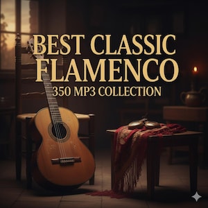 May include: Acoustic guitar leaning against a wooden chair, with the text "BEST CLASSIC FLAMENCO 350 MP3 COLLECTION." A small table holds castanets and a red shawl. The scene is dimly lit, suggesting a performance setting.