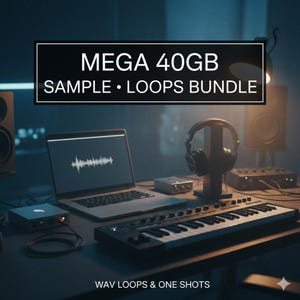 Puede incluir: Una configuración de estudio en casa con una computadora portátil que muestra una onda de sonido, un teclado MIDI y auriculares. La imagen incluye el texto "MEGA 40GB SAMPLE • LOOPS BUNDLE" y "WAV LOOPS & ONE SHOTS".
