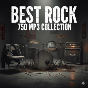 Può includere: Immagine di una batteria con piatti, bacchette e amplificatori Marshall. Il testo "BEST ROCK 750 MP3 COLLECTION" è visualizzato in alto. Una giacca di pelle è appesa a una sedia a sinistra.