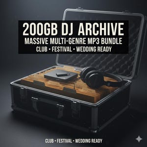 May include: A black case with the text "200GB DJ ARCHIVE" and "MASSIVE MULTI-GENRE MP3 BUNDLE". Inside are file folders, a small black device, and black headphones. The case is labeled "CLUB • FESTIVAL • WEDDING READY".