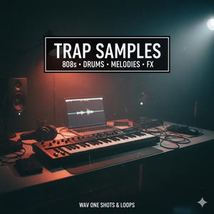 Puede incluir: Un estudio de producción musical con un ordenador portátil que muestra formas de onda de audio, un teclado, auriculares y altavoces. La imagen incluye el texto "TRAP SAMPLES" y "808s • DRUMS • MELODIES • FX". La parte inferior de la imagen dice "WAV ONE SHOTS & LOOPS".