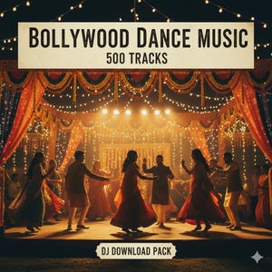 May include: Image of a Bollywood dance music DJ download pack. The image features a banner that reads "BOLLYWOOD DANCE MUSIC 500 TRACKS". The scene shows people dancing on a stage with decorative lights and curtains. The words "DJ DOWNLOAD PACK" are at the bottom.