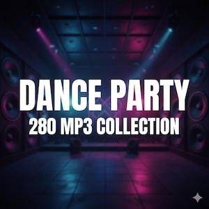 Op de afbeelding: Interieur van een dansclub met de woorden "DANCE PARTY" in grote witte letters. Daaronder staat de tekst "280 MP3 COLLECTION". De scène wordt verlicht door blauwe en roze spotlights.