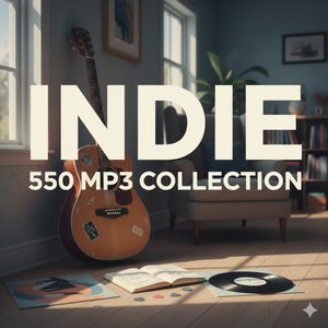 May include: An acoustic guitar leans against a wall with the word "INDIE" in large white letters. Below, the text reads "550 MP3 COLLECTION." A record, sheet music, and guitar picks are on the floor.