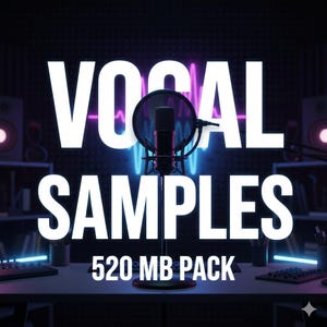 Puede incluir: Una configuración de estación de trabajo de audio digital con las palabras "VOCAL SAMPLES" en letras blancas grandes. Debajo del texto está "520 MB PACK". Un micrófono con un filtro antipop está centrado frente a un diseño de onda de neón.