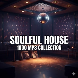 Op de afbeelding: Een donkere kamer met een discobal die aan het plafond hangt. De tekst "SOULFUL HOUSE 1000 MP3 COLLECTION" wordt in grote witte letters weergegeven. De kamer heeft een houten vloer en donkere meubels.