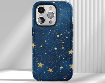 Capa para celular com céu estrelado azul profundo, sensação onírica de estrela dourada, estética noturna, para iPhone 17 16 15 14 13 12 Air Pro Max Samsung S22 Ultra