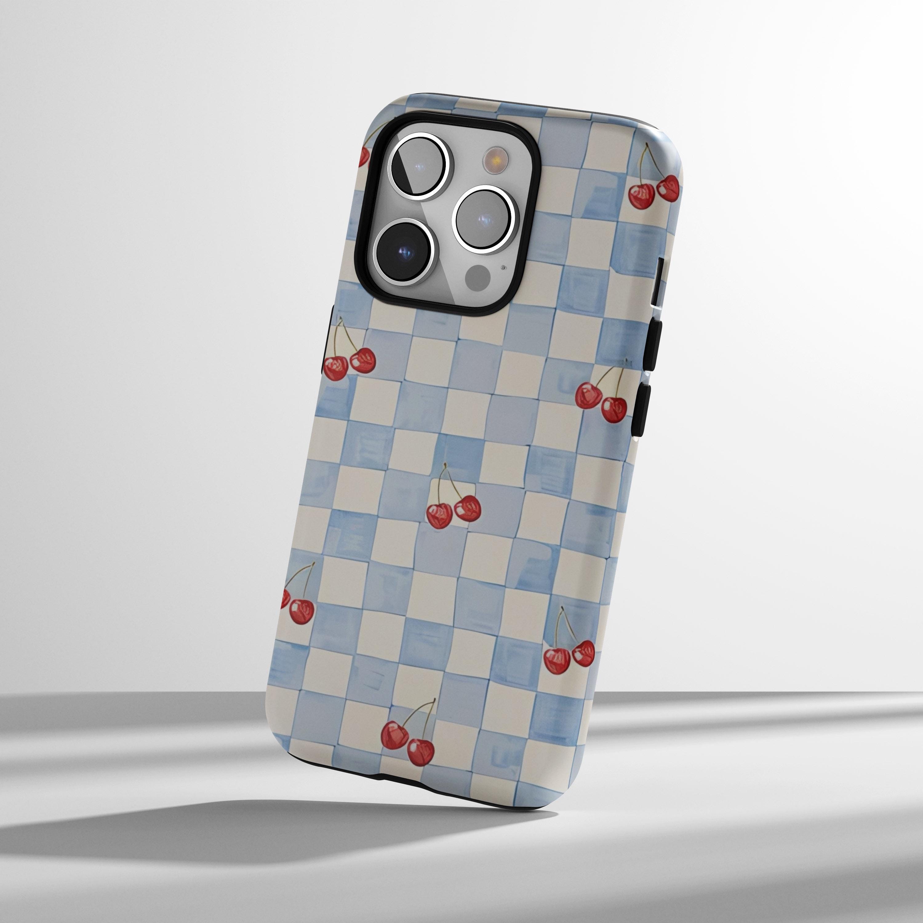 Pastel Blue Checkerboard Cherry Print Phone Case - Sweet Aesthetic Case ...